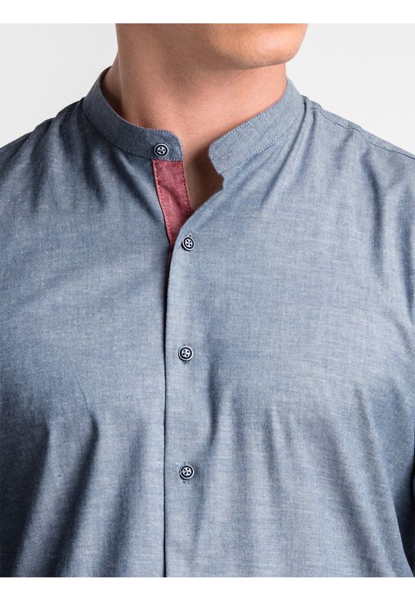 Ombre Clothing - Koszula męska z długim rękawem K488 - granatowa - L. Typ kołnierza: kołnierzyk stójkowy, kołnierzyk kontrastowy, kołnierzyk klasyczny. Kolor: niebieski. Materiał: elastan, tkanina, bawełna. Długość rękawa: długi rękaw. Długość: długie. Wzór: ze splotem, melanż. Styl: klasyczny
