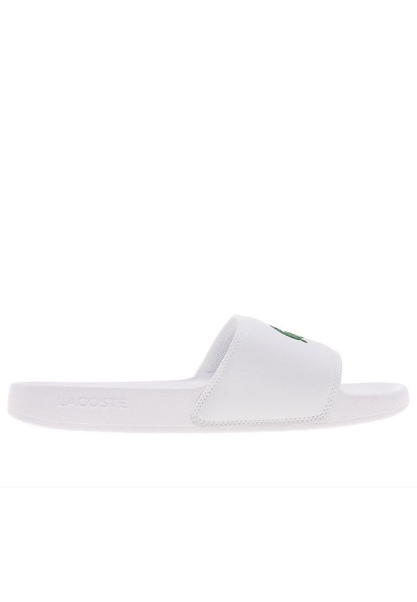 Klapki Lacoste Serve Sliders 749CMA0041-082 - białe. Okazja: na plażę, na co dzień. Zapięcie: pasek. Kolor: biały. Materiał: syntetyk, materiał. Szerokość cholewki: normalna. Wzór: aplikacja. Sport: pływanie