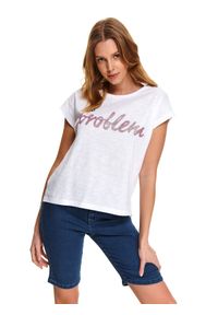 DRYWASH - T-shirt damski w nadrukowanym napisem. Okazja: na co dzień. Kolor: biały. Materiał: jeans, bawełna. Długość rękawa: krótki rękaw. Długość: krótkie. Wzór: napisy. Sezon: wiosna, lato. Styl: casual #1