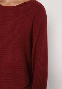 Born2be - Bordowy Dzianinowy Komplet Prążkowany Sukienka i Sweter o Kroju Nietoperz Wederela. Kolor: czerwony. Materiał: dzianina, prążkowany #2