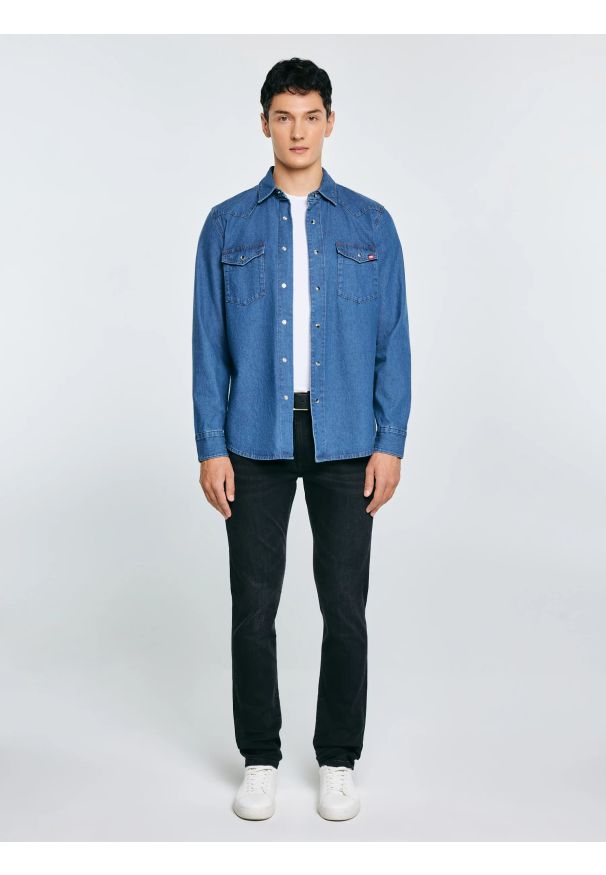 Big-Star - Koszula męska jeansowa niebieska Western 121. Okazja: na co dzień. Kolor: niebieski. Materiał: jeans. Wzór: melanż. Styl: casual