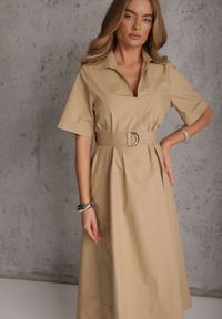 Renee - Beżowa Pudełkowa Sukienka z Bawełny Ozdobiona Przeszyciami i Paskiem Anthionis. Okazja: na co dzień. Kolor: beżowy. Materiał: bawełna. Wzór: aplikacja. Typ sukienki: proste. Styl: elegancki, casual #5