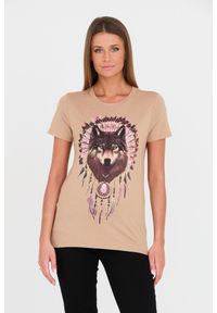 Guess - GUESS Brązowy damski t-shirt bawełniany z wilkiem, Rozmiar S. Kolor: brązowy. Materiał: bawełna. Wzór: nadruk #1