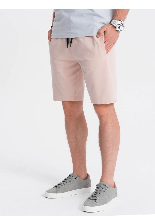 Ombre Clothing - Spodenki męskie dzianinowe - pudrowo różowe V6 - Rozmiar: L. Kolor: różowy. Materiał: dzianina. Styl: klasyczny