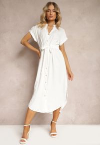 Renee - Biała Sukienka Koszulowa z Krótkim Rękawem Yasminine. Kolor: biały. Długość rękawa: krótki rękaw. Typ sukienki: koszulowe. Długość: midi #5