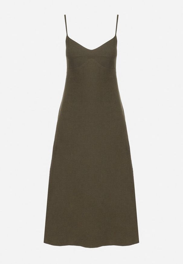 Born2be - Zielona Sukienka o Rozkloszowanym Kroju na Ramiączkach Naouise. Okazja: na wesele, na randkę, na ślub cywilny. Typ kołnierza: dekolt w kształcie V. Kolor: zielony. Materiał: tkanina, lakier. Długość rękawa: na ramiączkach. Sezon: lato. Typ sukienki: oversize, rozkloszowane