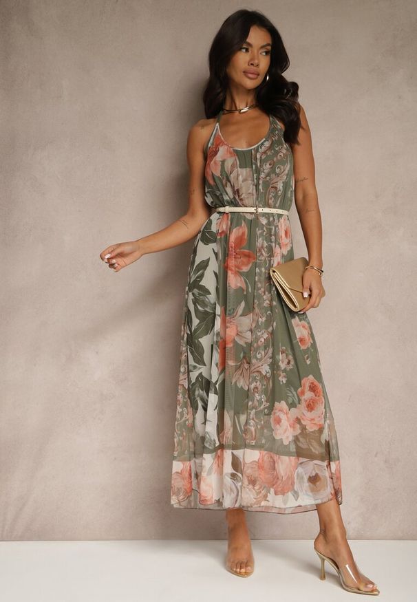 Renee - Ciemnozielona Kwiatowa Sukienka Siateczkowa z Wiskozą Izurelia. Okazja: na co dzień. Kolor: zielony. Materiał: wiskoza. Wzór: kwiaty. Typ sukienki: proste. Styl: elegancki, casual