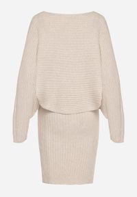 Born2be - Ciemnobeżowy Dzianinowy Komplet Prążkowany Sukienka i Sweter o Kroju Nietoperz Wederela. Kolor: beżowy. Materiał: dzianina, prążkowany #4