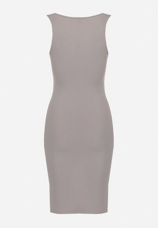 Born2be - Szara Dopasowana Sukienka Bez Rękawów z Elastycznej Bawełny z Ozdobnymi Nitami Zimelia. Kolor: szary. Materiał: bawełna. Długość rękawa: bez rękawów. Typ sukienki: dopasowane