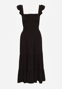 Renee - Czarna Sukienka z Bawełny na Ramiączkach Ozdobiona Falbanami i Gumkami Mevalys. Okazja: na co dzień. Kolor: czarny. Materiał: bawełna. Długość rękawa: na ramiączkach. Wzór: aplikacja. Typ sukienki: rozkloszowane. Styl: casual, elegancki #3