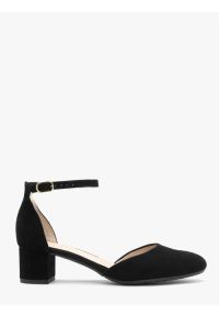 Ryłko - Welurowe czółenka damskie z paskiem wokół kostki. Nosek buta: okrągły. Zapięcie: pasek. Kolor: czarny. Materiał: skóra, welur. Obcas: na obcasie. Styl: street. Wysokość obcasa: średni #1