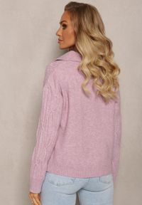 Renee - Fioletowy Sweter z Dekoltem w Serek i Ozdobnym Splotem Travissa. Typ kołnierza: dekolt w serek. Kolor: fioletowy. Wzór: ze splotem. Styl: elegancki #4
