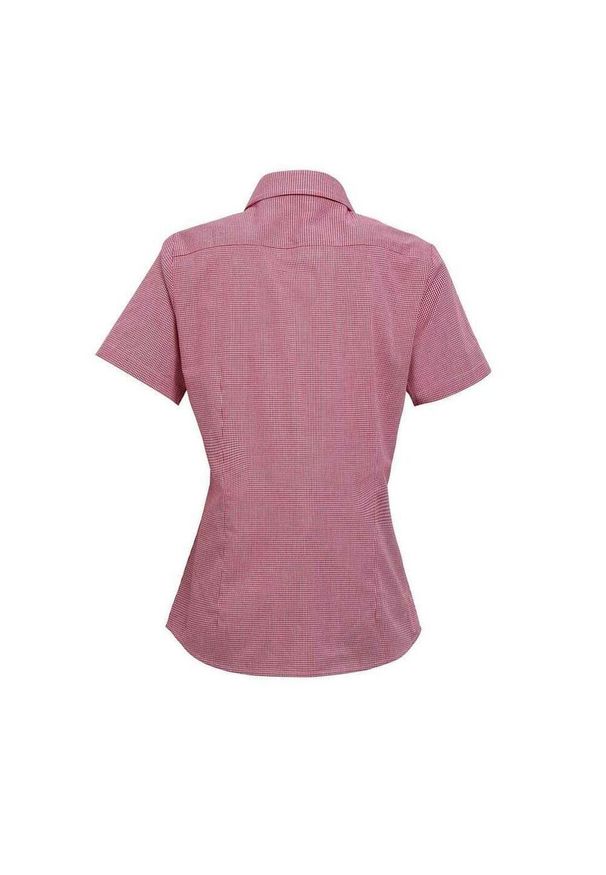 PREMIER - Damska Bawełniana Koszula Z Krótkim Rękawem W Kratkę Micro Gingham. Kolor: czerwony, wielokolorowy, biały. Materiał: bawełna. Długość rękawa: krótki rękaw. Długość: krótkie. Wzór: kratka