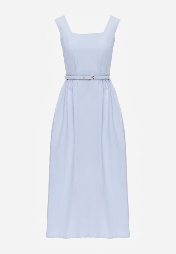 Renee - Niebieska Bawełniano-Wiskozowa Sukienka na Szerokich Ramiączkach z Wąskim Paskiem Alcassa. Typ kołnierza: dekolt kwadratowy. Kolor: niebieski. Materiał: wiskoza, bawełna. Długość rękawa: na ramiączkach. Typ sukienki: proste, rozkloszowane. Styl: elegancki