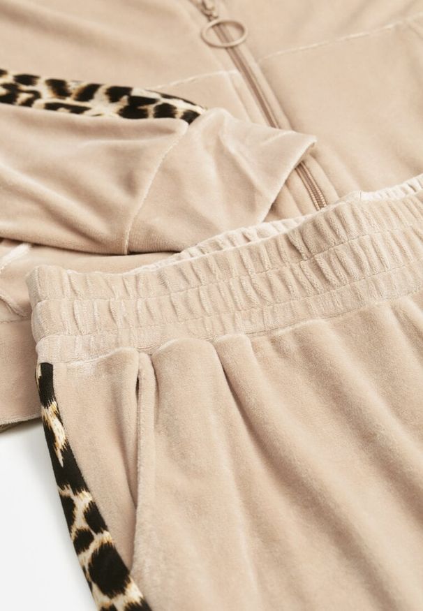 Renee - Beżowy Welurowy Komplet Dresowy Ozdobiony Lampasami w Cętki Anilwo. Kolor: beżowy. Materiał: welur, dresówka. Wzór: aplikacja