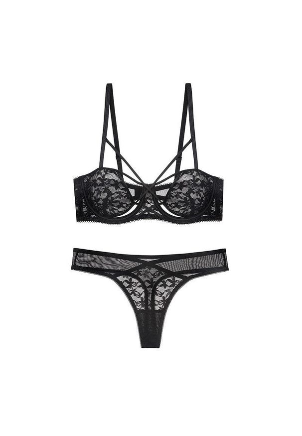 Intica - Komplet bielizny koronkowej ze strapsami regulowanymi Behjat. Kolor: czarny. Materiał: koronka. Wzór: paski, koronka