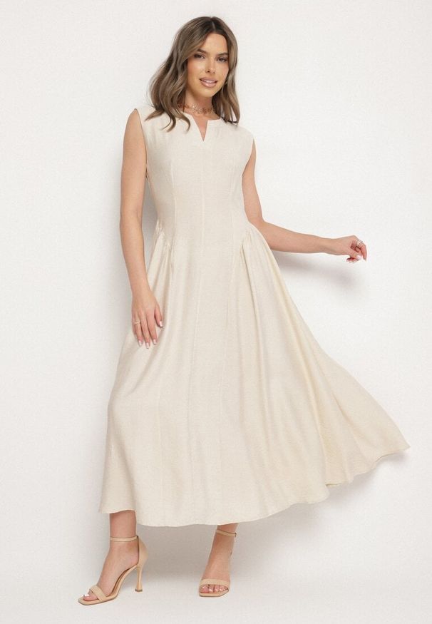 Born2be - Beżowa Wiskozowa Sukienka o Rozkloszowanym Kroju Lirice. Okazja: na co dzień. Kolor: beżowy. Materiał: wiskoza. Typ sukienki: proste. Styl: casual, elegancki, klasyczny