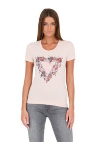Guess - GUESS Różowy damski t-shirt bawełniany z logo, Rozmiar S. Kolor: różowy. Materiał: bawełna. Wzór: nadruk #4