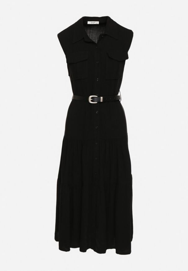 Born2be - Czarna Koszulowa Sukienka z Wiskozy z Bawełną Ozdobiona Paskiem Rivebia. Okazja: na co dzień. Kolor: czarny. Materiał: bawełna, wiskoza. Wzór: aplikacja. Typ sukienki: koszulowe. Styl: casual, elegancki