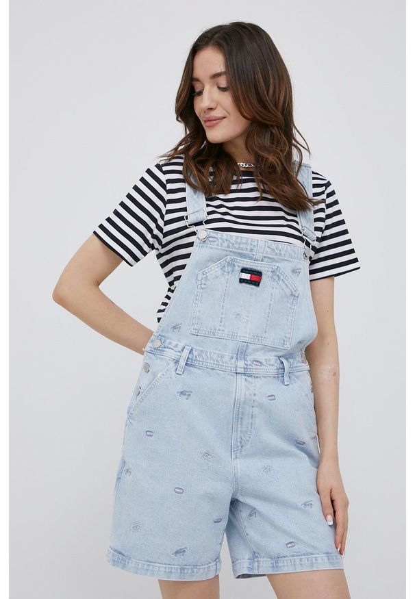 Tommy Jeans ogrodniczki jeansowe BF8012 damskie. Stan: podwyższony. Kolor: niebieski. Wzór: haft