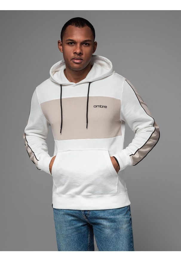 Ombre Clothing - Męska bawełniana bluza z kapturem z kontrastującymi elementami - biała V1 - Rozmiar: L. Okazja: na co dzień. Typ kołnierza: kaptur. Kolor: biały. Materiał: bawełna. Wzór: napisy. Styl: casual, sportowy