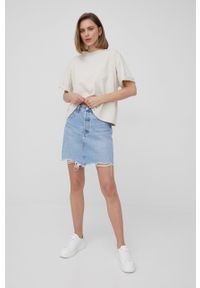Calvin Klein Jeans t-shirt bawełniany kolor beżowy. Kolor: beżowy. Materiał: bawełna. Wzór: aplikacja