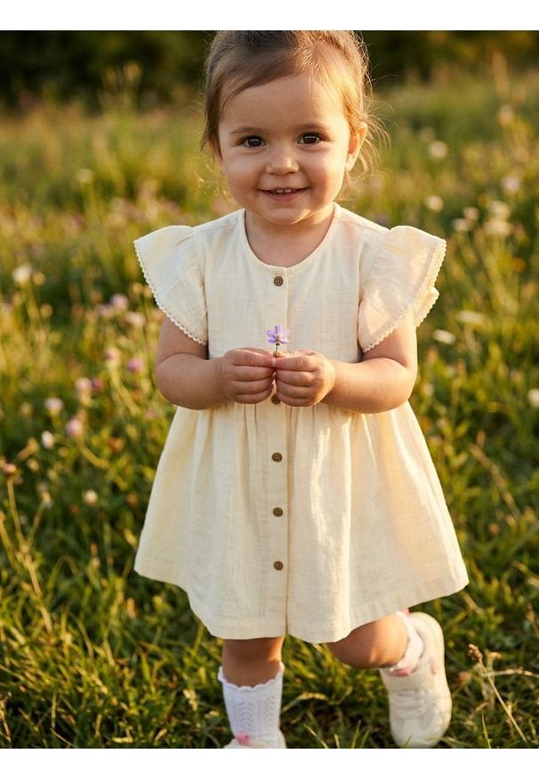 Sinsay - Bawełniana sukienka z falbanami i guzikami - żółty. Kolor: żółty. Materiał: bawełna