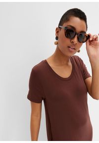 bonprix - Sukienka shirtowa midi, z kieszeniami po bokach i marszczeniem. Kolor: brązowy. Długość rękawa: krótki rękaw. Długość: midi