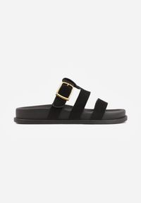 Renee - Czarne Klapki Ozdobione Geometrycznymi Paskami i Metaliczną Klamrą Hossei. Okazja: na co dzień. Kolor: czarny. Materiał: jeans. Wzór: geometria, aplikacja. Styl: casual, elegancki #5