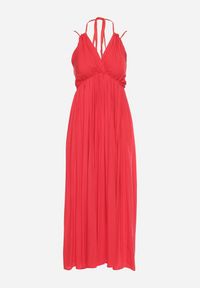 Born2be - Czerwona Sukienka Wiskozowa Rozkloszowana z Wiązaniem na Szyi Frines. Okazja: na imprezę. Kolor: czerwony. Materiał: wiskoza. Wzór: aplikacja. Sezon: lato. Typ sukienki: rozkloszowane. Styl: elegancki #5