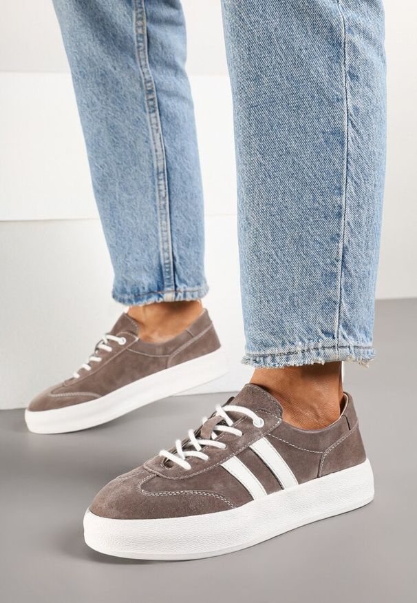 Born2be - Brązowe Skórzane Sneakersy Typu Klasyczne Tenisówki na Grubej Podeszwie Eleavine. Okazja: na co dzień, do pracy, na spacer. Kolor: brązowy. Materiał: skóra. Sport: turystyka piesza