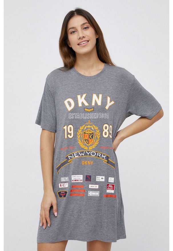 DKNY - Dkny Koszulka nocna damska kolor szary. Kolor: szary. Materiał: dzianina. Wzór: nadruk
