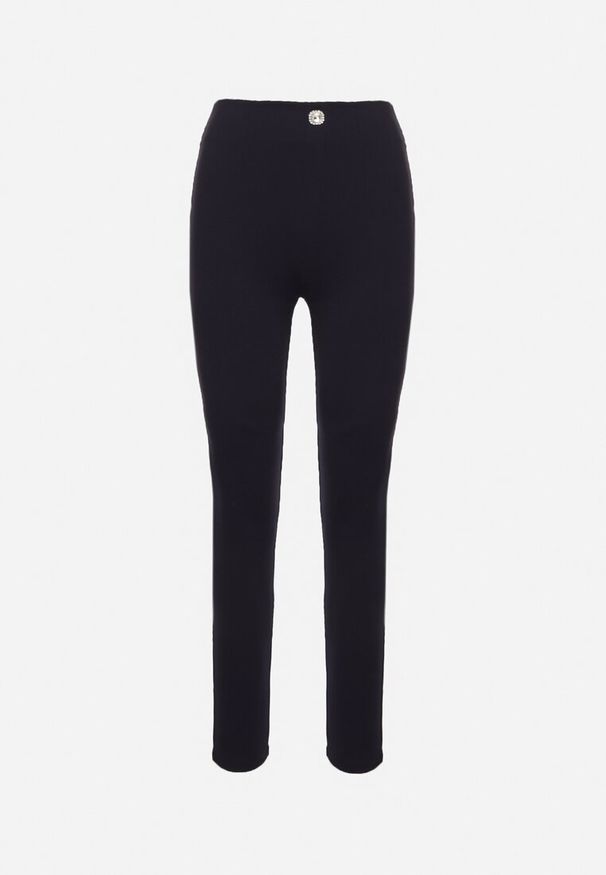 Born2be - Granatowe Legginsy z Wiskozą z Wysokim Stanem Zdobione Guzikiem z Cyrkoniami Nalette. Okazja: na co dzień. Stan: podwyższony. Kolor: niebieski. Materiał: wiskoza. Wzór: aplikacja. Styl: elegancki, casual