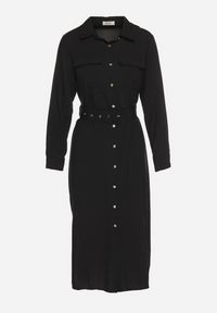 Born2be - Czarna Koszulowa Sukienka Rozkloszowana Ozdobiona Kieszeniami z Klapami i Paskiem Rinnella. Kolor: czarny. Wzór: aplikacja. Typ sukienki: koszulowe. Styl: klasyczny #2