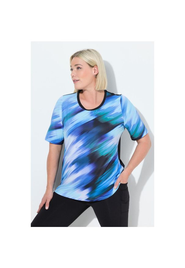 ULLA POPKEN - Damskie T-Shirt wycięcie na plecach okrągły dekolt rękaw 1/2. Kolekcja: plus size. Kolor: niebieski. Materiał: poliester, materiał, elastan