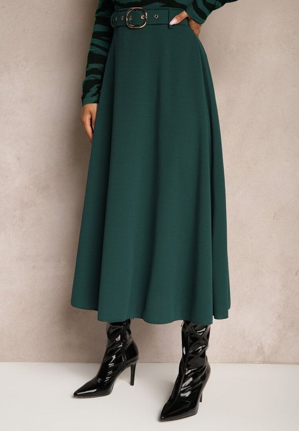 Renee - Ciemnozielona Spódnica o Rozkloszowanym Kroju Melobia. Okazja: na co dzień. Stan: podwyższony. Kolor: zielony. Styl: casual, elegancki