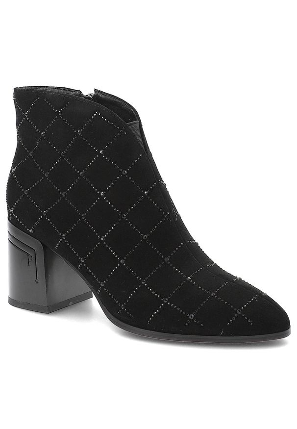 Czarne Botki S.Barski Eleganckie Buty Damskie. Okazja: na co dzień. Zapięcie: zamek. Kolor: czarny. Materiał: zamsz. Wzór: geometria, aplikacja. Obcas: na obcasie. Styl: elegancki. Wysokość obcasa: średni