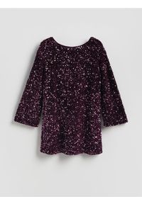 Reserved - Sukienka mini z kokardą - ciemnofioletowy. Typ kołnierza: kokarda. Kolor: fioletowy. Materiał: dzianina. Typ sukienki: proste. Długość: mini