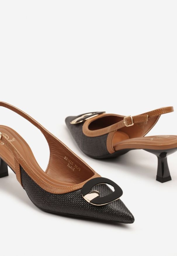 Renee - Czarne Sandały Czółenka Sling Back z Geometryczną Ozdobą Arvania. Okazja: na co dzień. Kolor: czarny. Wzór: aplikacja, geometria. Obcas: na obcasie. Styl: elegancki, casual. Wysokość obcasa: średni