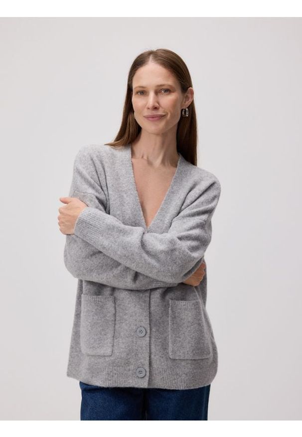 Reserved - Rozpinany kardigan - jasnoszary. Kolor: szary. Materiał: dzianina, wełna