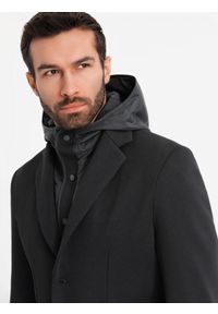 Ombre Clothing - Marynarka męska z podpinką z wysokim kołnierzem i kapturem – czarna V2 OM-BLZB-0133 - XXL. Typ kołnierza: kaptur. Kolor: niebieski. Materiał: dzianina, materiał, syntetyk, poliester. Wzór: aplikacja. Styl: elegancki #7