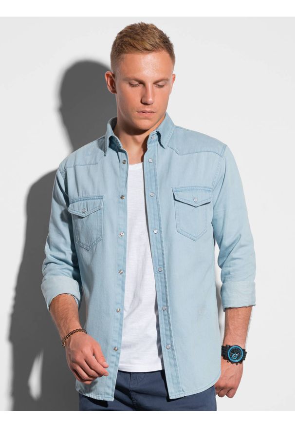 Ombre Clothing - Koszula męska z długim rękawem K567 - jasnoniebieska - XL. Kolor: niebieski. Materiał: jeans, bawełna. Długość rękawa: długi rękaw. Długość: długie. Styl: klasyczny