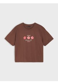 Sinsay - Bawełniana koszulka z nadrukiem kwiatowym - brązowy. Kolor: brązowy. Materiał: bawełna. Wzór: nadruk, kwiaty #1