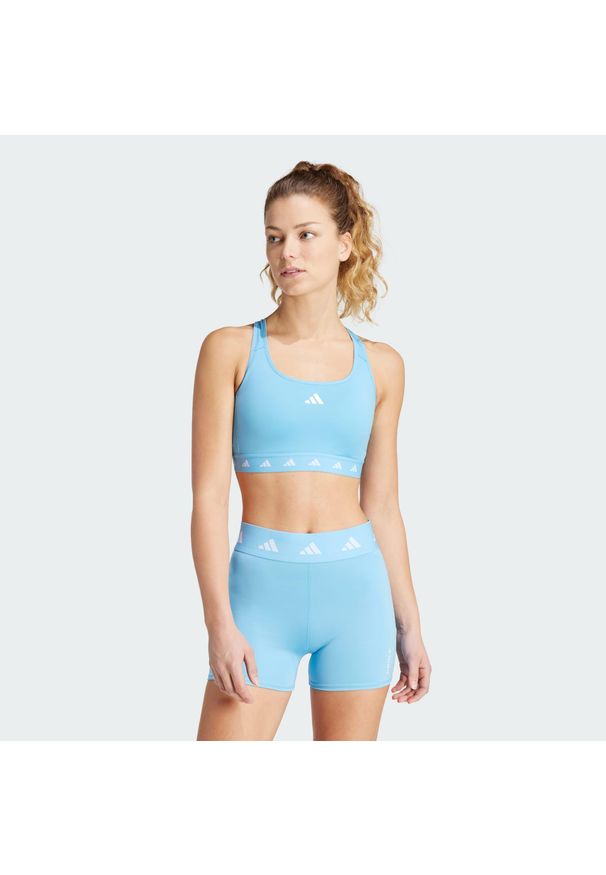 Adidas - Powerreact Training Medium-Support Techfit Bra. Kolor: niebieski. Materiał: materiał. Technologia: Techfit (Adidas)