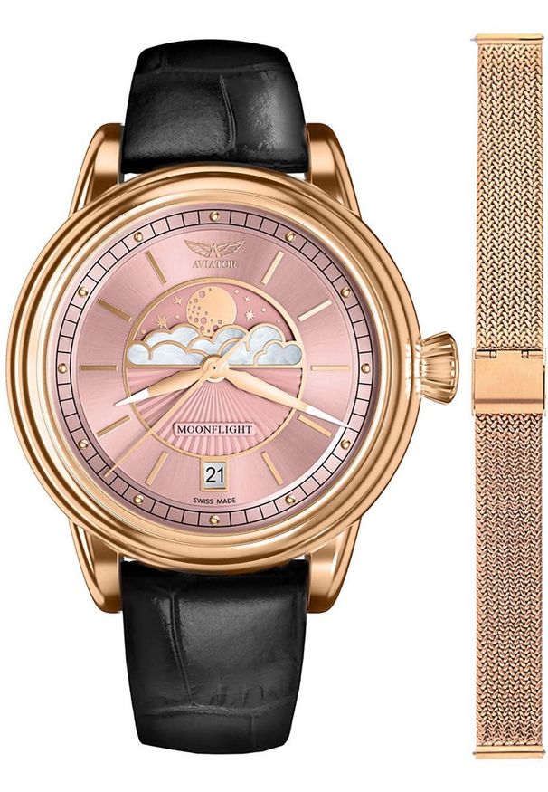 AVIATOR - Zegarek damski Aviator V.1.33.2.258.4.BM-SET różowe złoto. Kolor: złoty, wielokolorowy, różowy