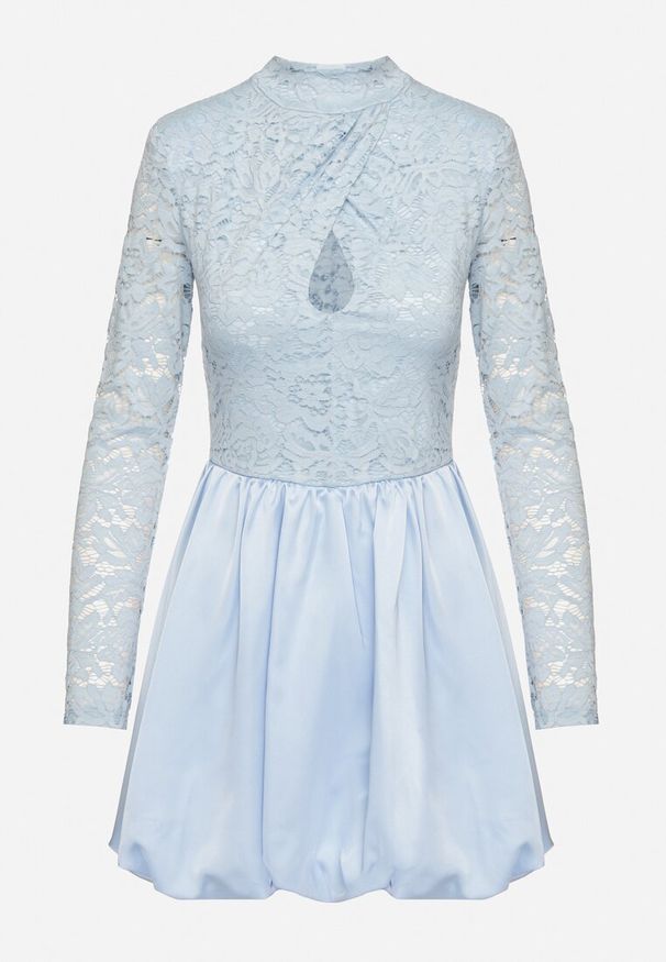 Born2be - Niebieska Rozkloszowana Sukienka o Kroju Bombki z Koronką i Wycięciem Desarilla. Okazja: na co dzień. Typ kołnierza: kołnierzyk stójkowy. Kolor: niebieski. Materiał: koronka. Długość rękawa: długi rękaw. Wzór: koronka. Typ sukienki: bombki. Styl: casual