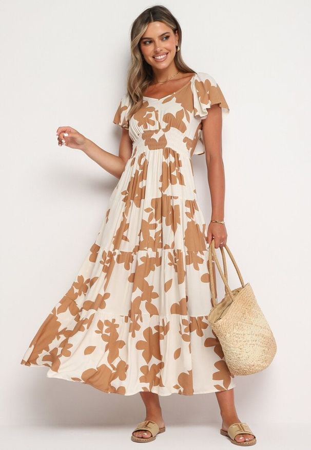 Born2be - Biało-Brązowa Wiskozowa Sukienka Rozkloszowana z Gumką w Talii Nansalinne. Okazja: na randkę, na co dzień. Typ kołnierza: dekolt w kształcie V. Kolor: biały. Materiał: wiskoza. Sezon: lato. Typ sukienki: rozkloszowane. Styl: casual, klasyczny