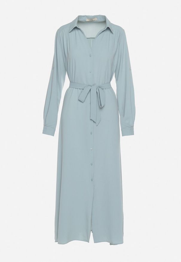 Born2be - Niebieska Rozpinana Sukienka Koszulowa z Regulowanymi Rękawami Grimoire. Kolor: niebieski. Typ sukienki: koszulowe. Styl: wizytowy, elegancki