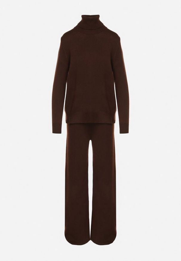 Born2be - Brązowy Dzianinowy Komplet z Wełną i Bawełną Spodnie i Sweter z Golfem Errele. Kolor: brązowy. Materiał: dzianina, bawełna, wełna