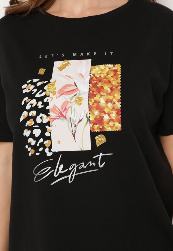 Born2be - Czarny Bawełniany T-shirt z Ozdobnym Nadrukiem Jalliana. Okazja: na co dzień. Kolor: czarny. Materiał: bawełna. Wzór: nadruk. Styl: casual